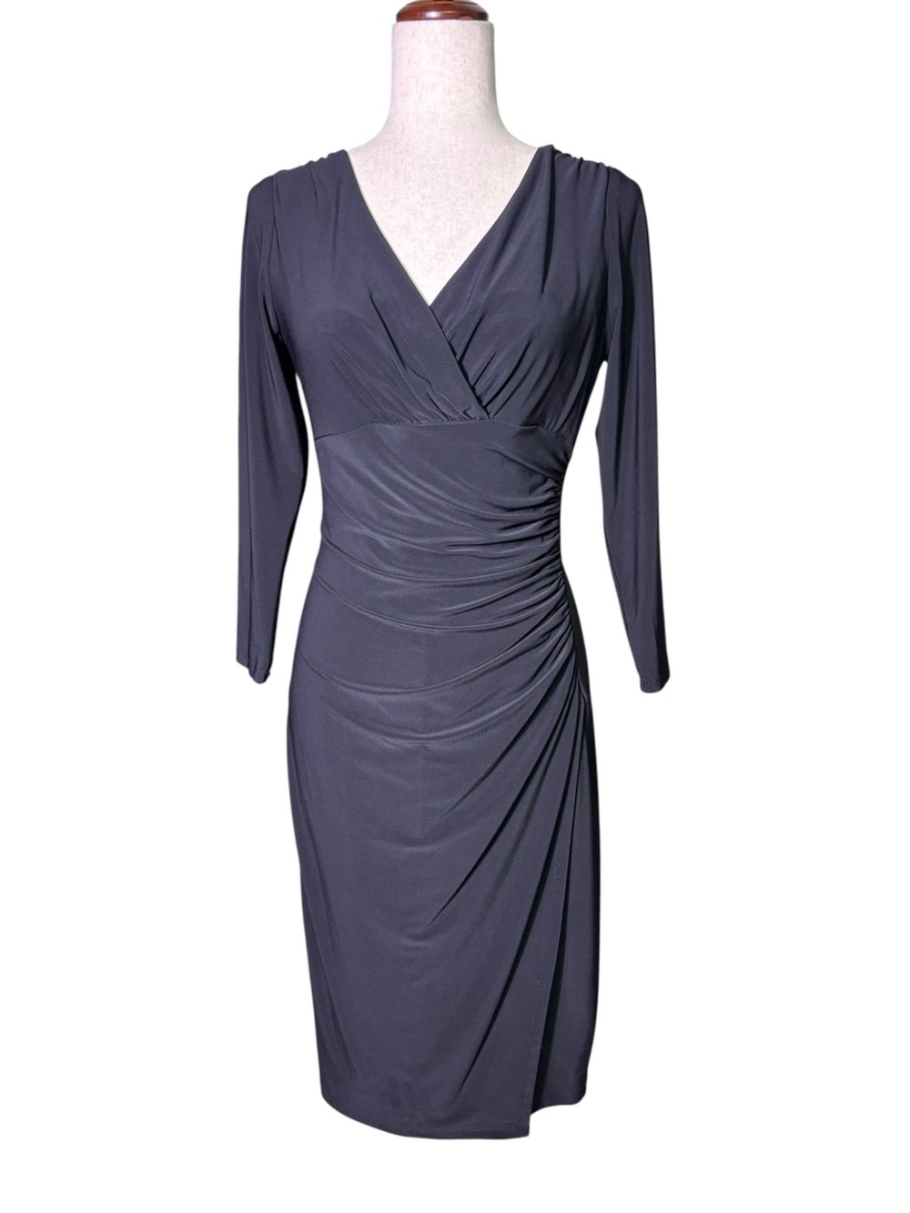 Lauren Ralph Lauren Black Ruched Faux Wrap Dress Cocktail Midi Size 6